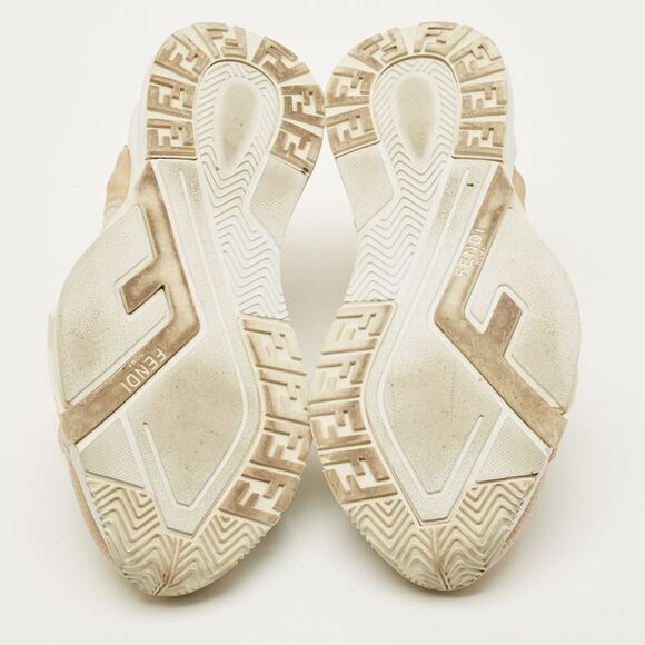 Fendi Flow Size 39.5 Beige/white Fabric And Suede Lace Up Sneakers